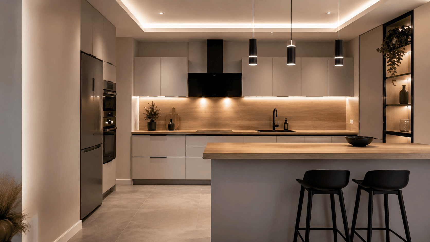 Cuisine contemporaine claire avec plan de travail bois et éclairage chaleureux