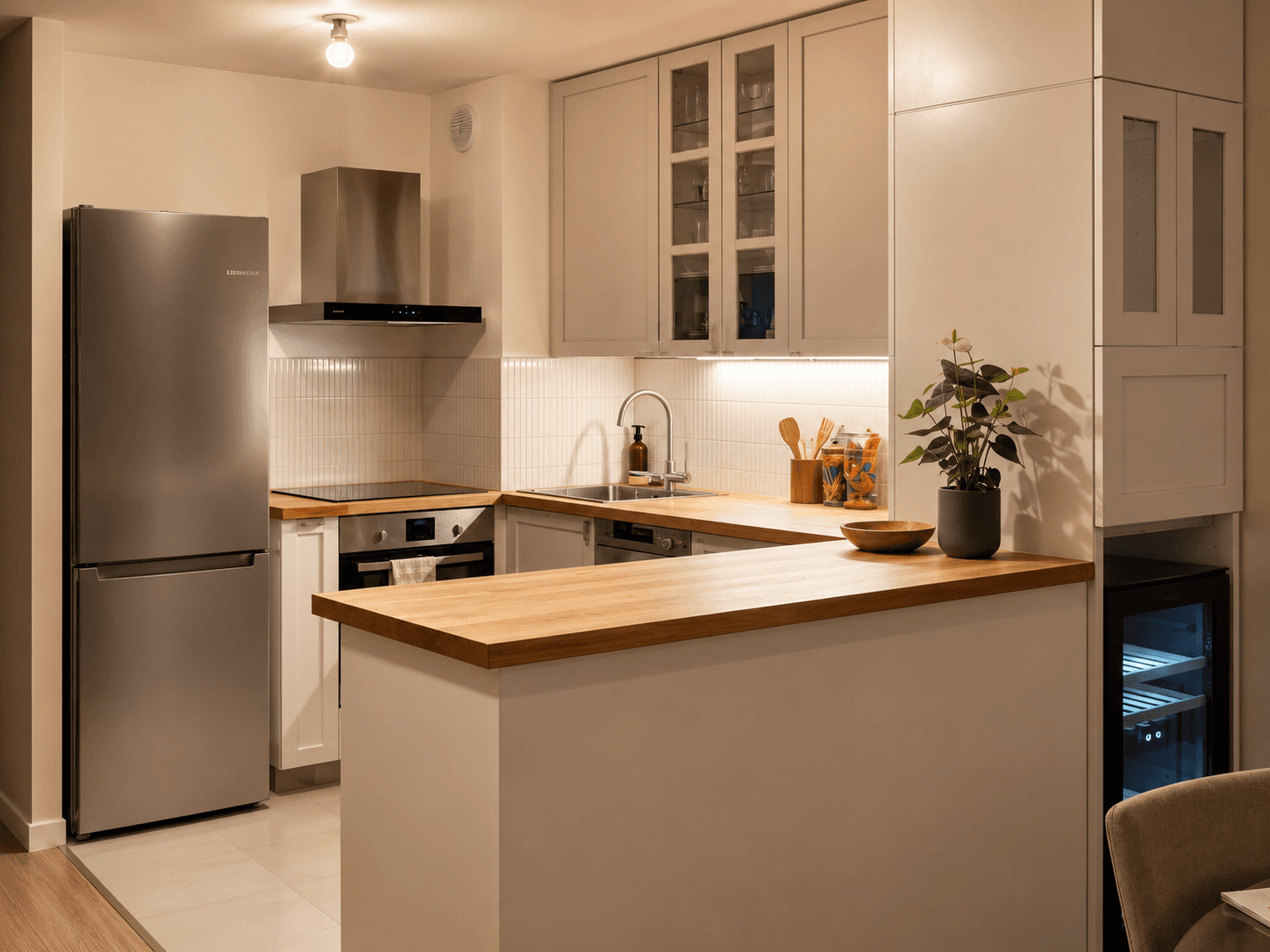 Cuisine CUILUX claire avec plan de travail en bois et péninsule